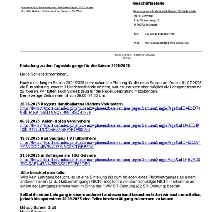 Schiedsrichter Tageslehrgänge 2025